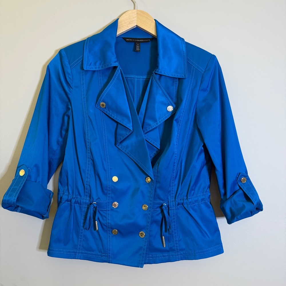WHBM Blue Trench Coat with Notched Lapel and Drawstring Waist